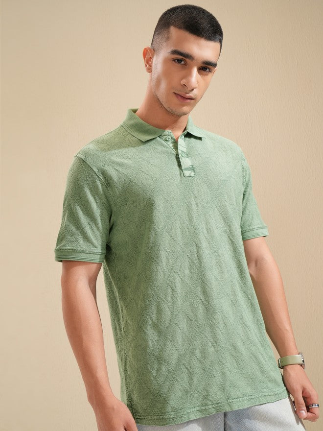 Highlander Men Green Self Design Polo Collar T-Shirt - Green - Image 6