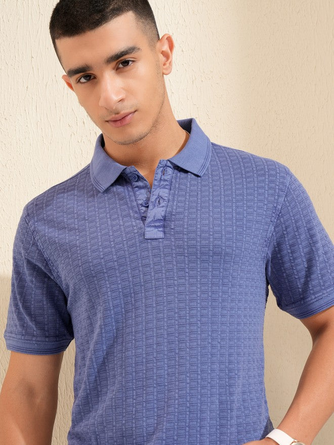 Highlander Men Purple Self Design Polo Collar T-Shirt - Purple - Image 1