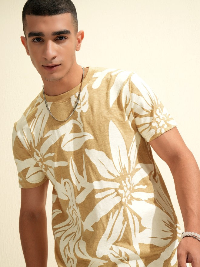 Highlander Men Beige Printed Round Neck T-Shirt - Beige - Image 1