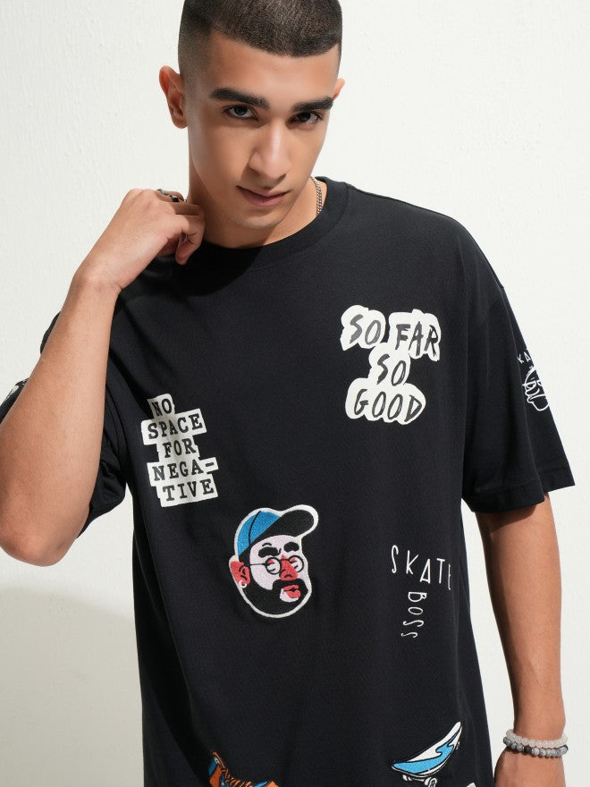 Highlander Men Black Printed Round Neck Oversized Fit T-Shirt - Black - Image 1