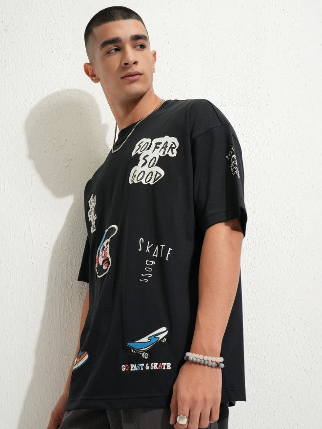 Highlander Men Black Printed Round Neck Oversized Fit T-Shirt - Black - Image 4