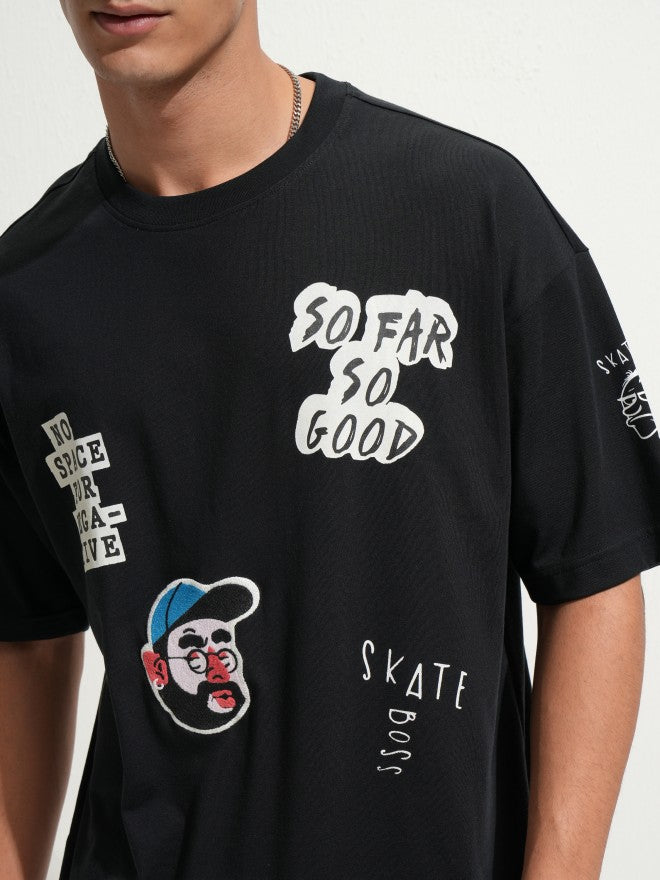 Highlander Men Black Printed Round Neck Oversized Fit T-Shirt - Black - Image 5