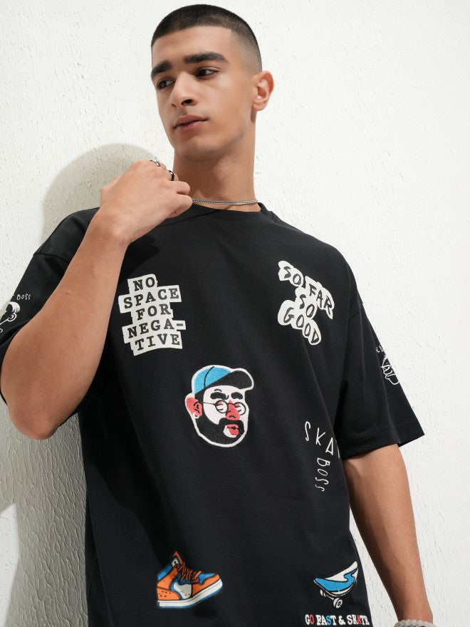 Highlander Men Black Printed Round Neck Oversized Fit T-Shirt - Black - Image 7