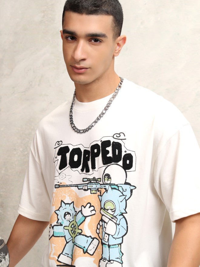 Highlander Men Off White Printed Round Neck Oversized Fit T-Shirt - Off White - Image 1