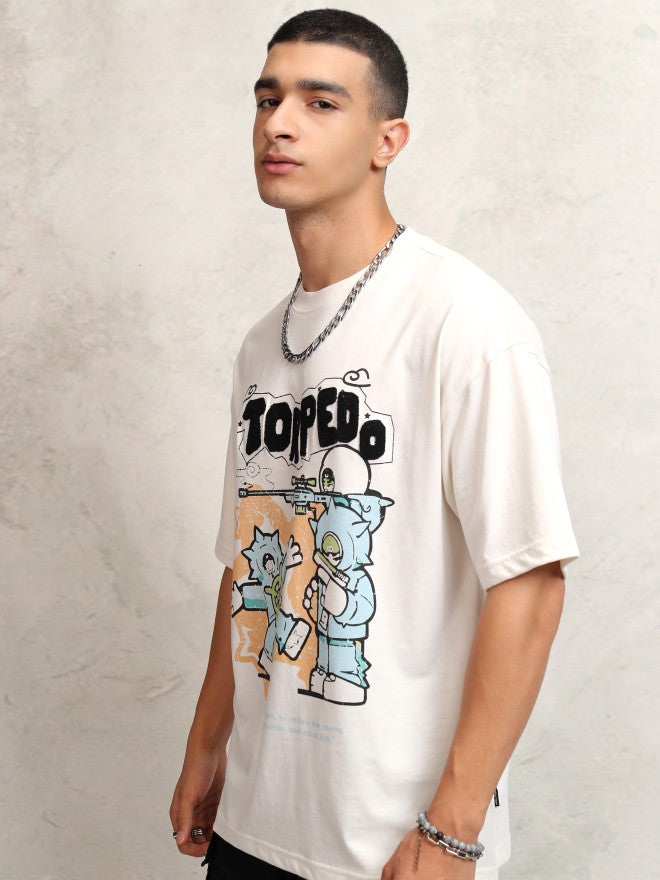 Highlander Men Off White Printed Round Neck Oversized Fit T-Shirt - Off White - Image 4
