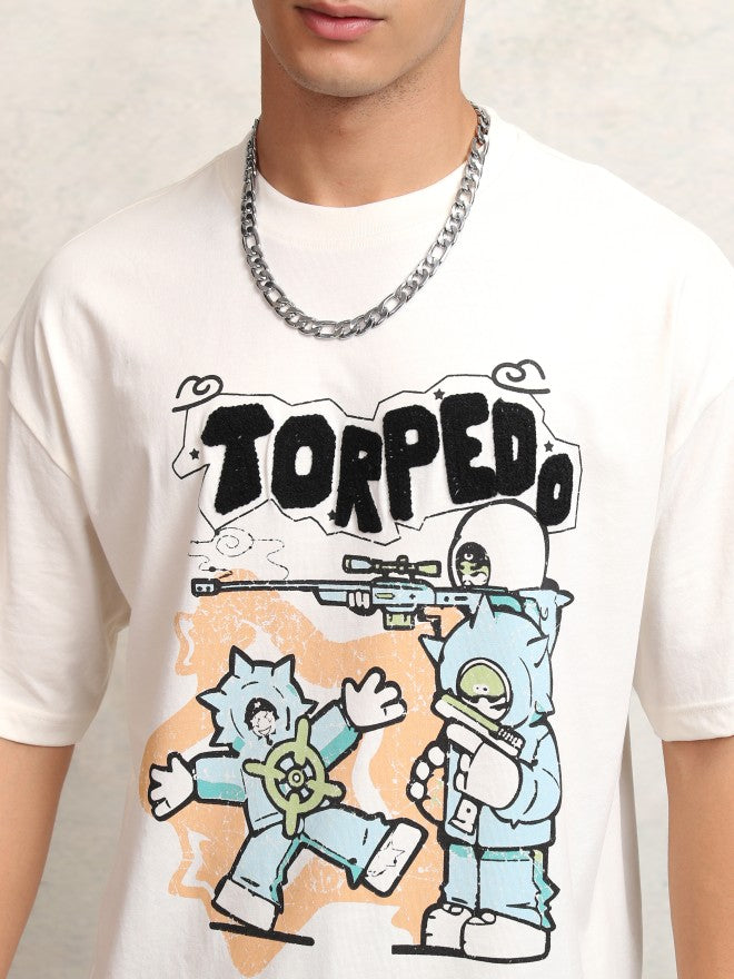 Highlander Men Off White Printed Round Neck Oversized Fit T-Shirt - Off White - Image 5