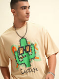 Highlander Men Beige Printed Round Neck Oversized Fit T-Shirt - Beige - Image 1