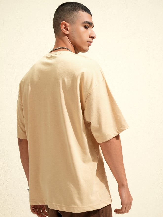 Highlander Men Beige Printed Round Neck Oversized Fit T-Shirt - Beige - Image 3