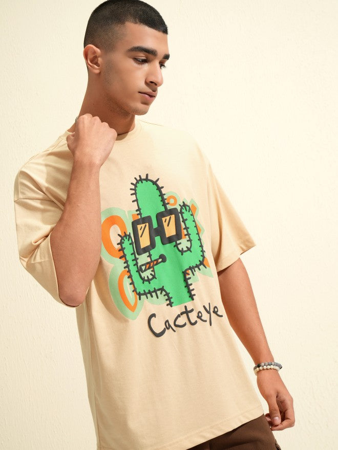 Highlander Men Beige Printed Round Neck Oversized Fit T-Shirt - Beige - Image 6