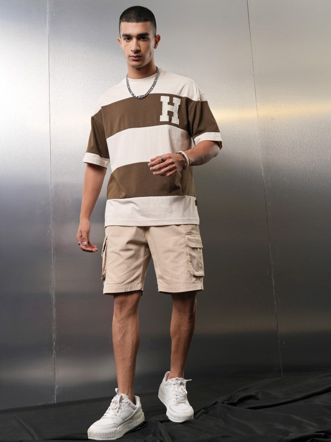 Highlander Men Cream Colourblocked Round Neck Oversized Fit T-Shirt - Cream - Image 2