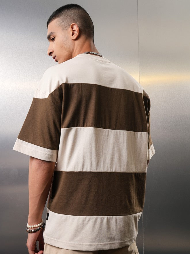 Highlander Men Cream Colourblocked Round Neck Oversized Fit T-Shirt - Cream - Image 3