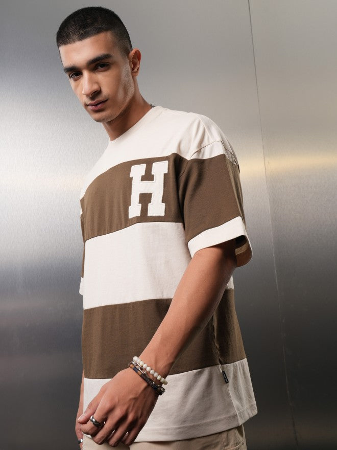 Highlander Men Cream Colourblocked Round Neck Oversized Fit T-Shirt - Cream - Image 4
