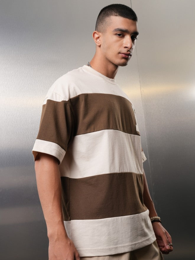 Highlander Men Cream Colourblocked Round Neck Oversized Fit T-Shirt - Cream - Image 6