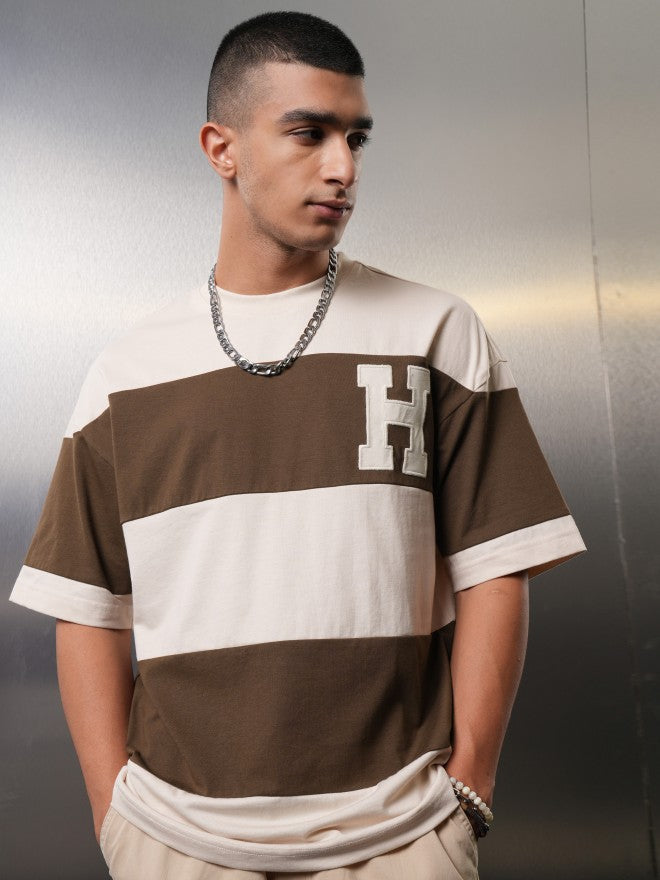 Highlander Men Cream Colourblocked Round Neck Oversized Fit T-Shirt - Cream - Image 7