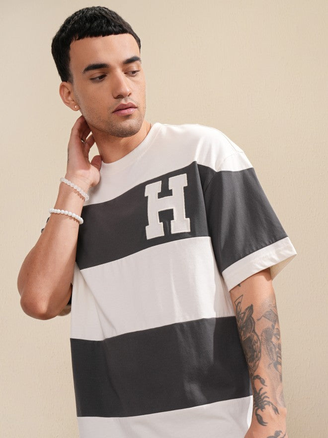 Highlander Men Off White Colourblocked Round Neck Oversized Fit T-Shirt - Off White - Image 1
