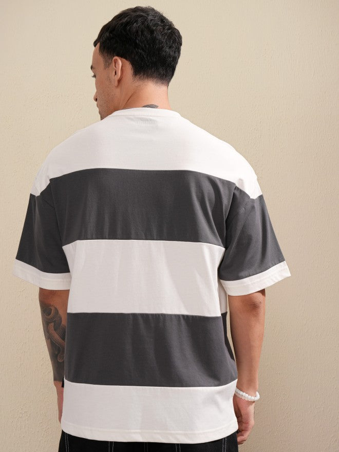 Highlander Men Off White Colourblocked Round Neck Oversized Fit T-Shirt - Off White - Image 3