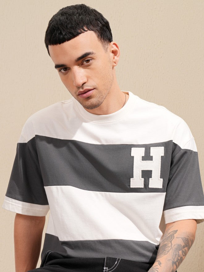 Highlander Men Off White Colourblocked Round Neck Oversized Fit T-Shirt - Off White - Image 4
