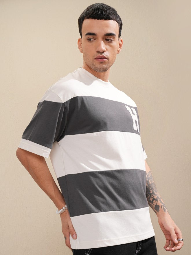 Highlander Men Off White Colourblocked Round Neck Oversized Fit T-Shirt - Off White - Image 6