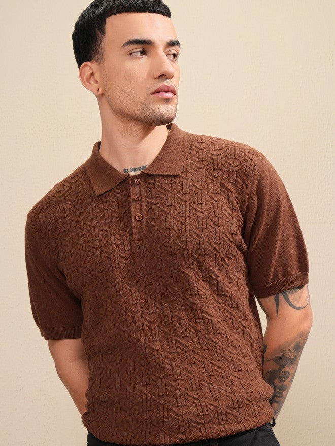 Highlander Men Brown Self Design Polo Collar T-Shirt - Brown - Image 1