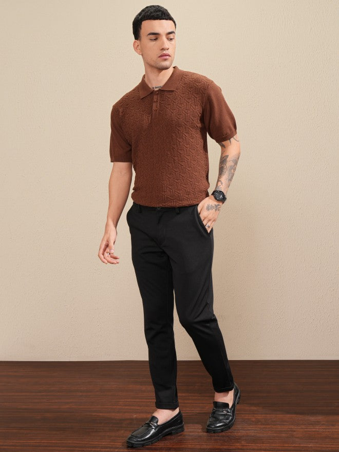 Highlander Men Brown Self Design Polo Collar T-Shirt - Brown - Image 2