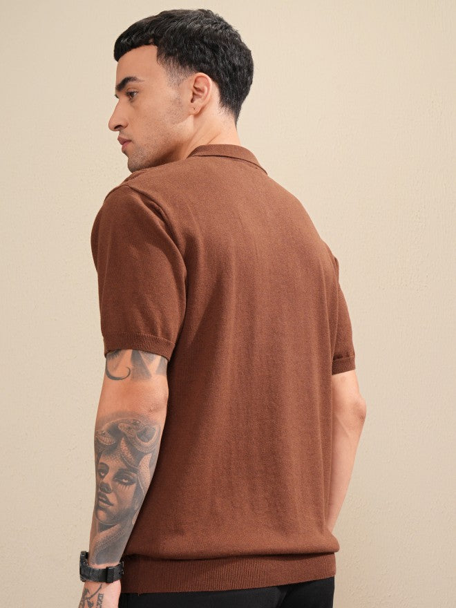 Highlander Men Brown Self Design Polo Collar T-Shirt - Brown - Image 3