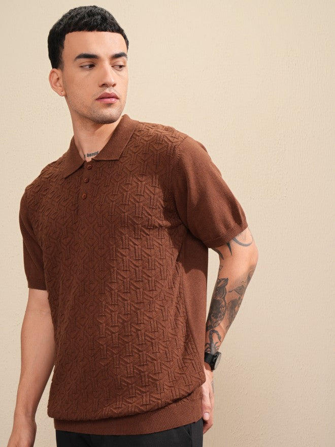 Highlander Men Brown Self Design Polo Collar T-Shirt - Brown - Image 4
