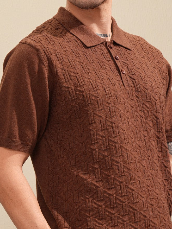 Highlander Men Brown Self Design Polo Collar T-Shirt - Brown - Image 5