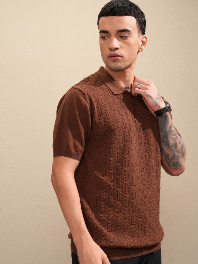 Highlander Men Brown Self Design Polo Collar T-Shirt - Brown - Image 6
