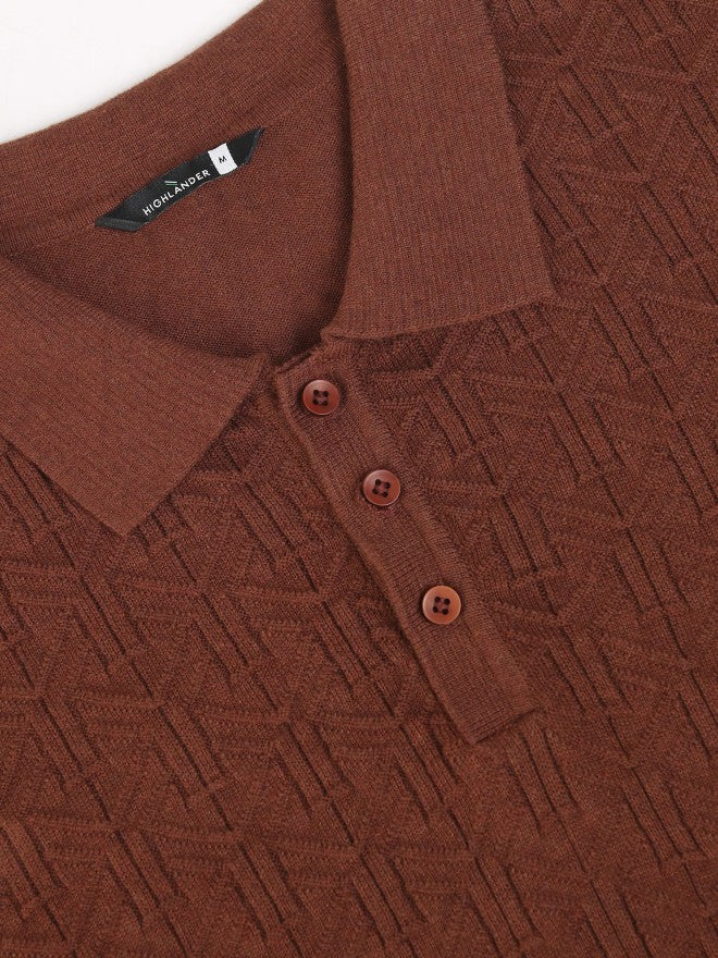 Highlander Men Brown Self Design Polo Collar T-Shirt - Brown - Image 7