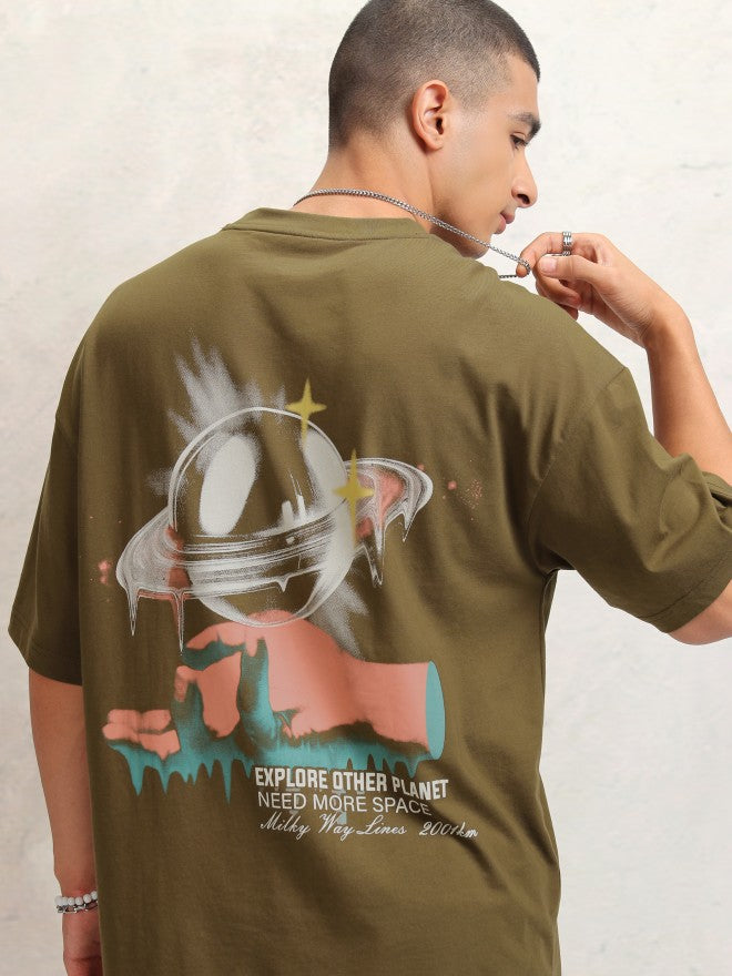Highlander Men Olive Printed Round Neck Oversized Fit T-Shirt - Olive - Image 1