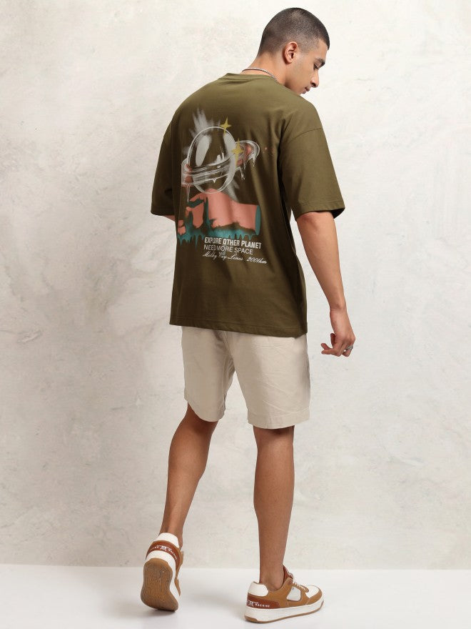 Highlander Men Olive Printed Round Neck Oversized Fit T-Shirt - Olive - Image 2
