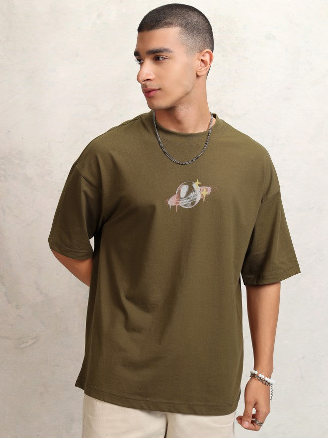 Highlander Men Olive Printed Round Neck Oversized Fit T-Shirt - Olive - Image 3