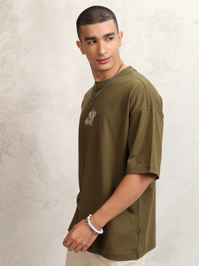 Highlander Men Olive Printed Round Neck Oversized Fit T-Shirt - Olive - Image 4