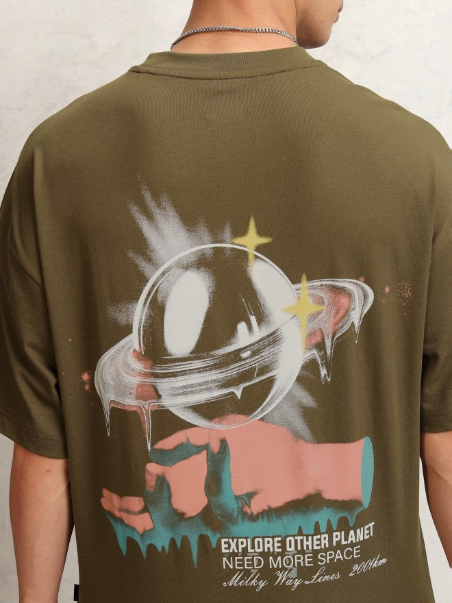 Highlander Men Olive Printed Round Neck Oversized Fit T-Shirt - Olive - Image 5