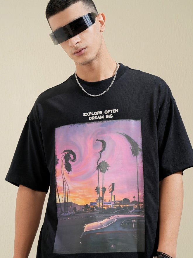 Highlander Men Black Printed Round Neck Oversized Fit T-Shirt - Black - Image 1