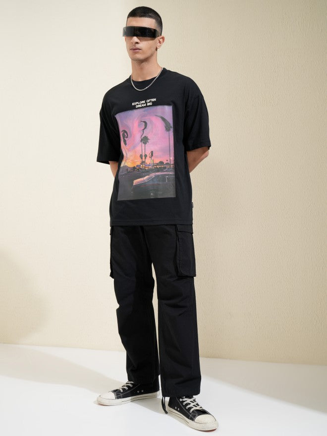 Highlander Men Black Printed Round Neck Oversized Fit T-Shirt - Black - Image 2