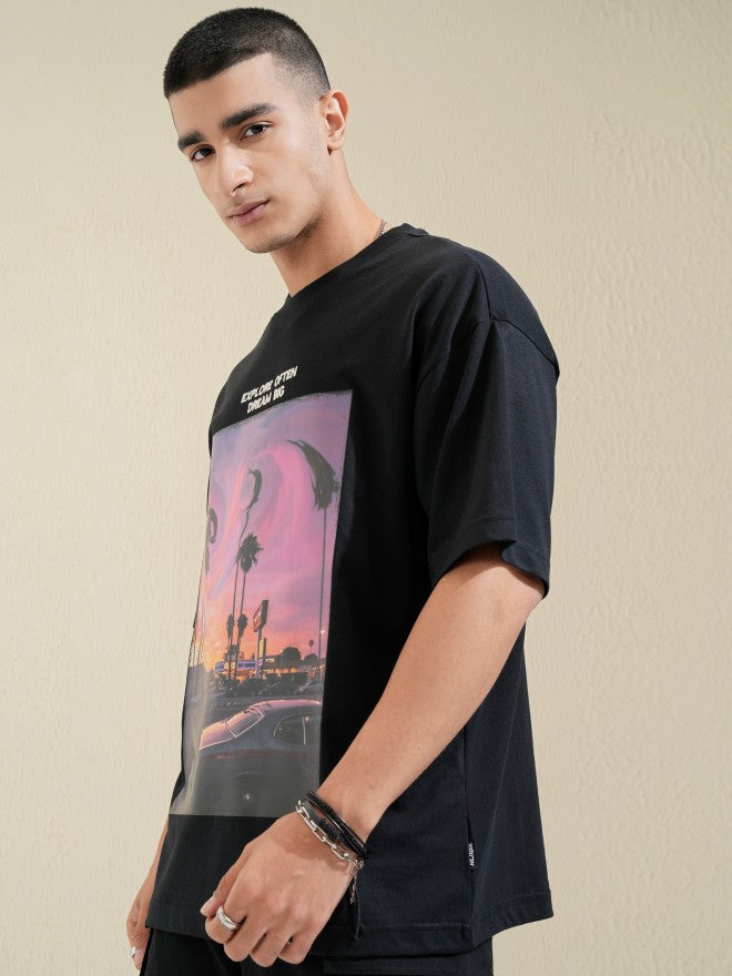 Highlander Men Black Printed Round Neck Oversized Fit T-Shirt - Black - Image 4