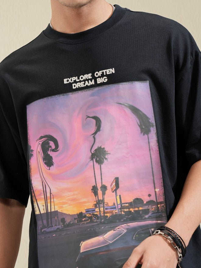 Highlander Men Black Printed Round Neck Oversized Fit T-Shirt - Black - Image 5