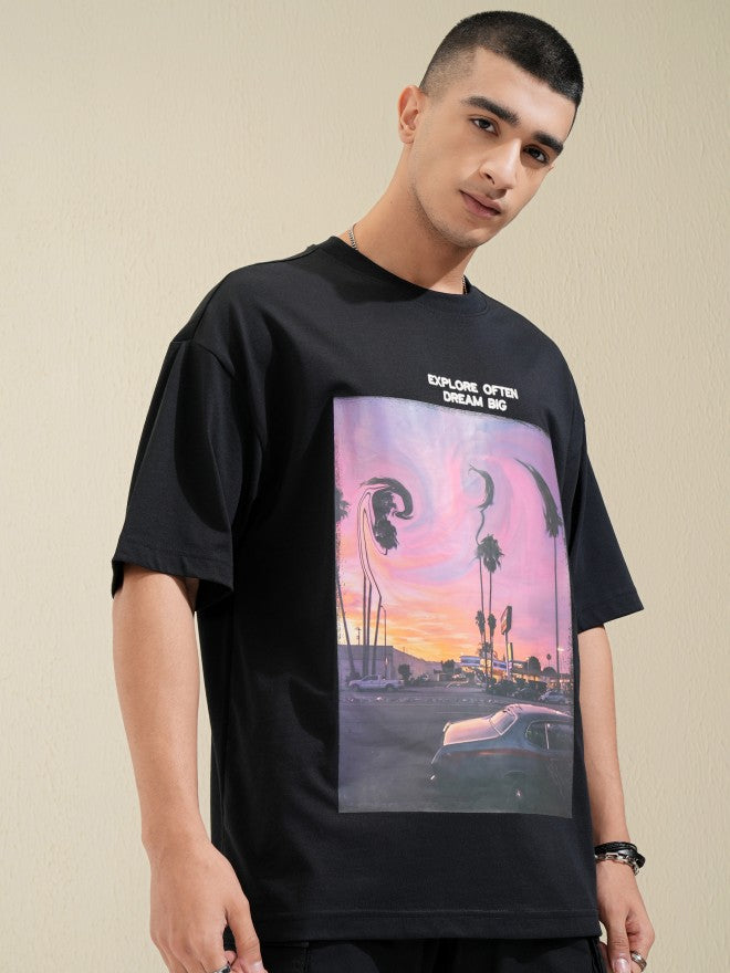 Highlander Men Black Printed Round Neck Oversized Fit T-Shirt - Black - Image 6