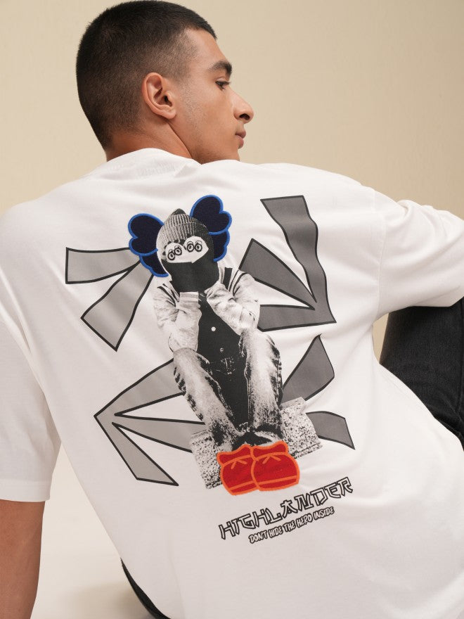 Highlander Men White Printed Round Neck Oversized Fit T-Shirt - White - Image 1