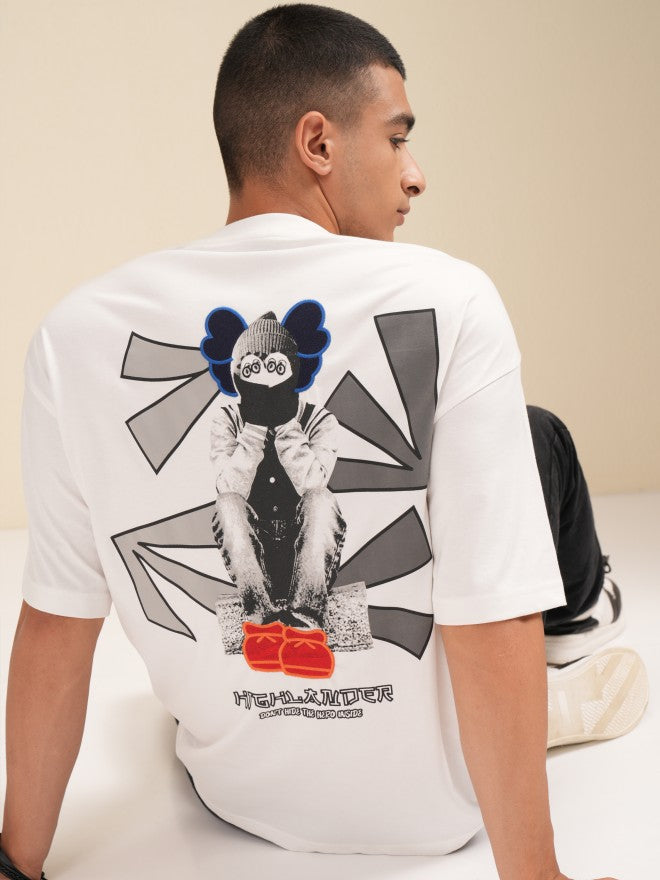 Highlander Men White Printed Round Neck Oversized Fit T-Shirt - White - Image 2