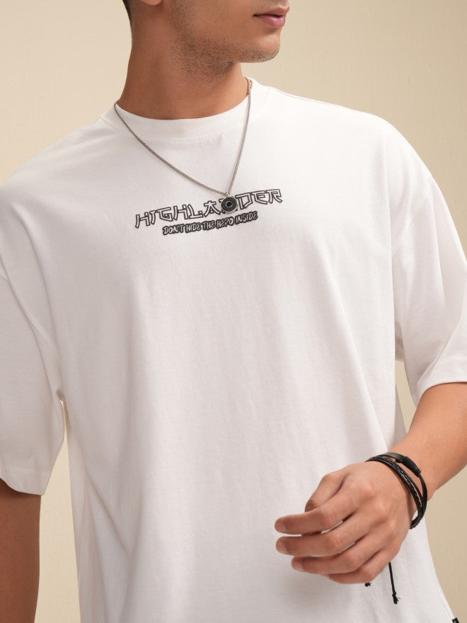 Highlander Men White Printed Round Neck Oversized Fit T-Shirt - White - Image 5