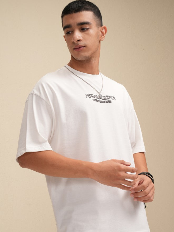 Highlander Men White Printed Round Neck Oversized Fit T-Shirt - White - Image 6