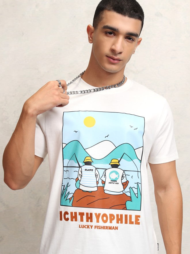 Highlander Men Off White Printed Round Neck Regular Fit T-Shirt - Off White - Image 1