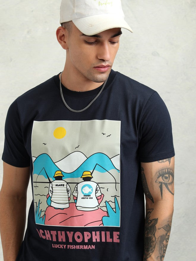 Highlander Men Navy Blue Printed Relaxed Fit T-Shirt - Navy Blue - Image 1