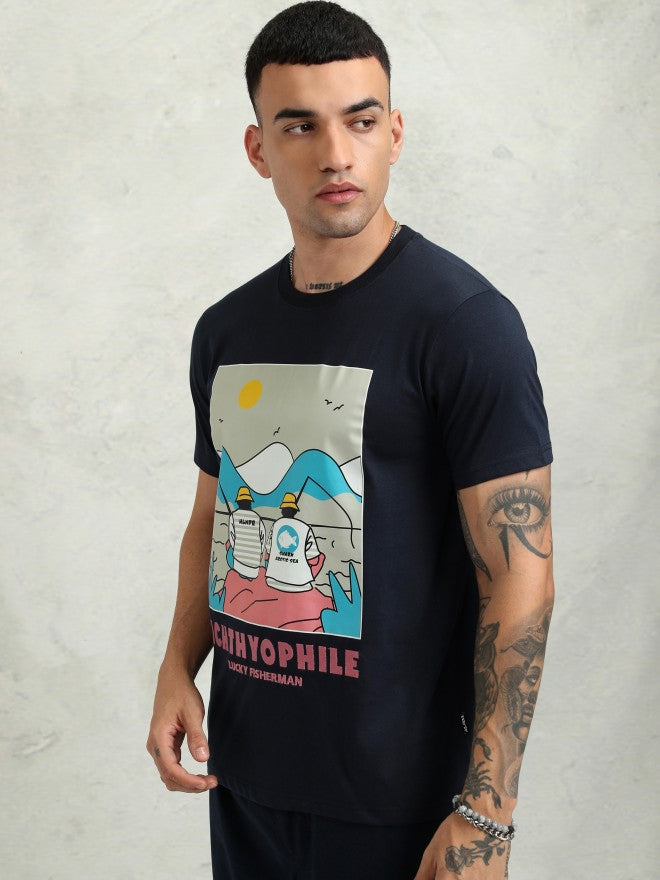 Highlander Men Navy Blue Printed Relaxed Fit T-Shirt - Navy Blue - Image 4