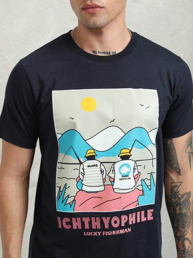 Highlander Men Navy Blue Printed Relaxed Fit T-Shirt - Navy Blue - Image 5