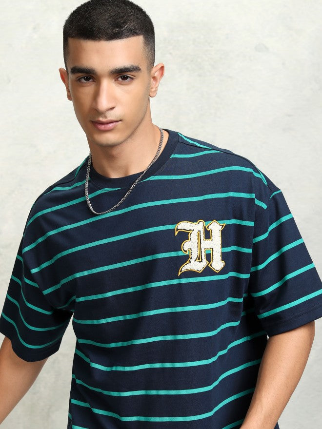 Highlader Men Navy Blue Striped Round Neck Oversized Fit T-Shirt - Navy Blue - Image 1