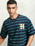 Highlader Men Navy Blue Striped Round Neck Oversized Fit T-Shirt - Navy Blue - Image 1