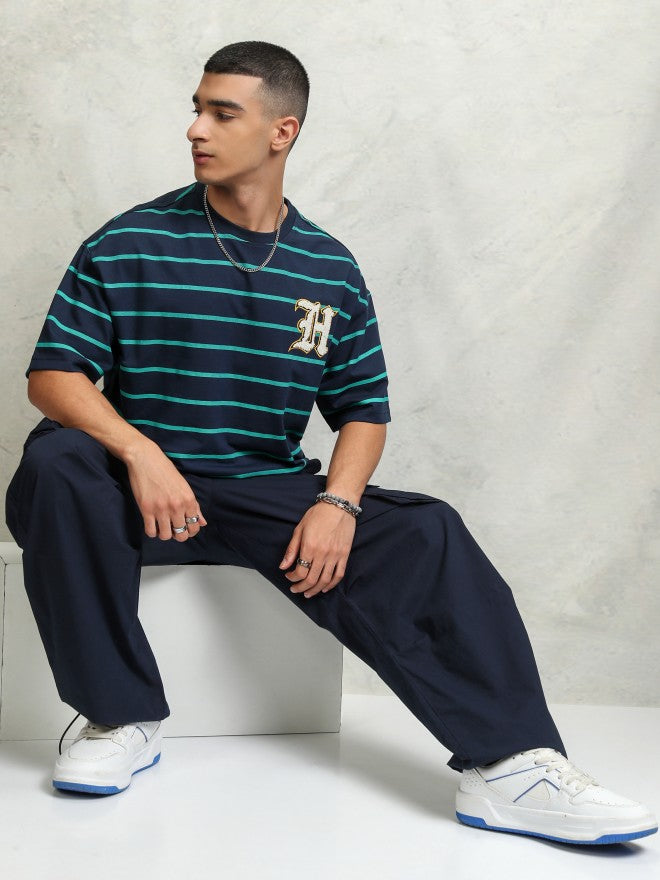 Highlader Men Navy Blue Striped Round Neck Oversized Fit T-Shirt - Navy Blue - Image 2